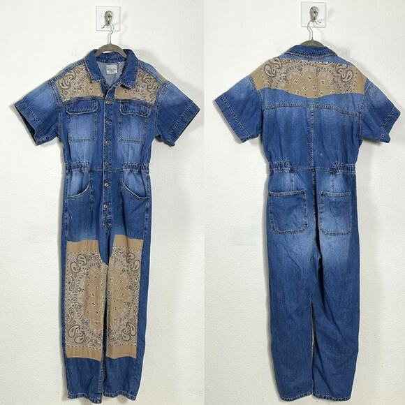 Free People X Tricia Fix Bandana Denim Jumpsuit Coveralls Size XL Western Boho - Picture 6 of 10